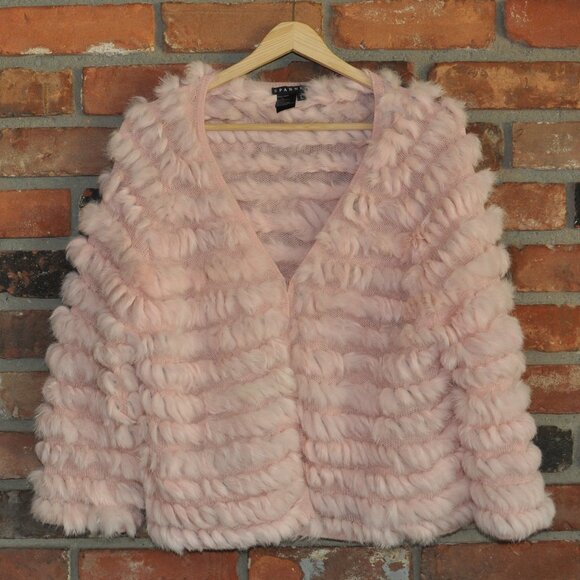 Spanner Fluffy Pastel Pink Corded FUR. Knit Open Cardigan Sweater Jacket L - Picture 2 of 8